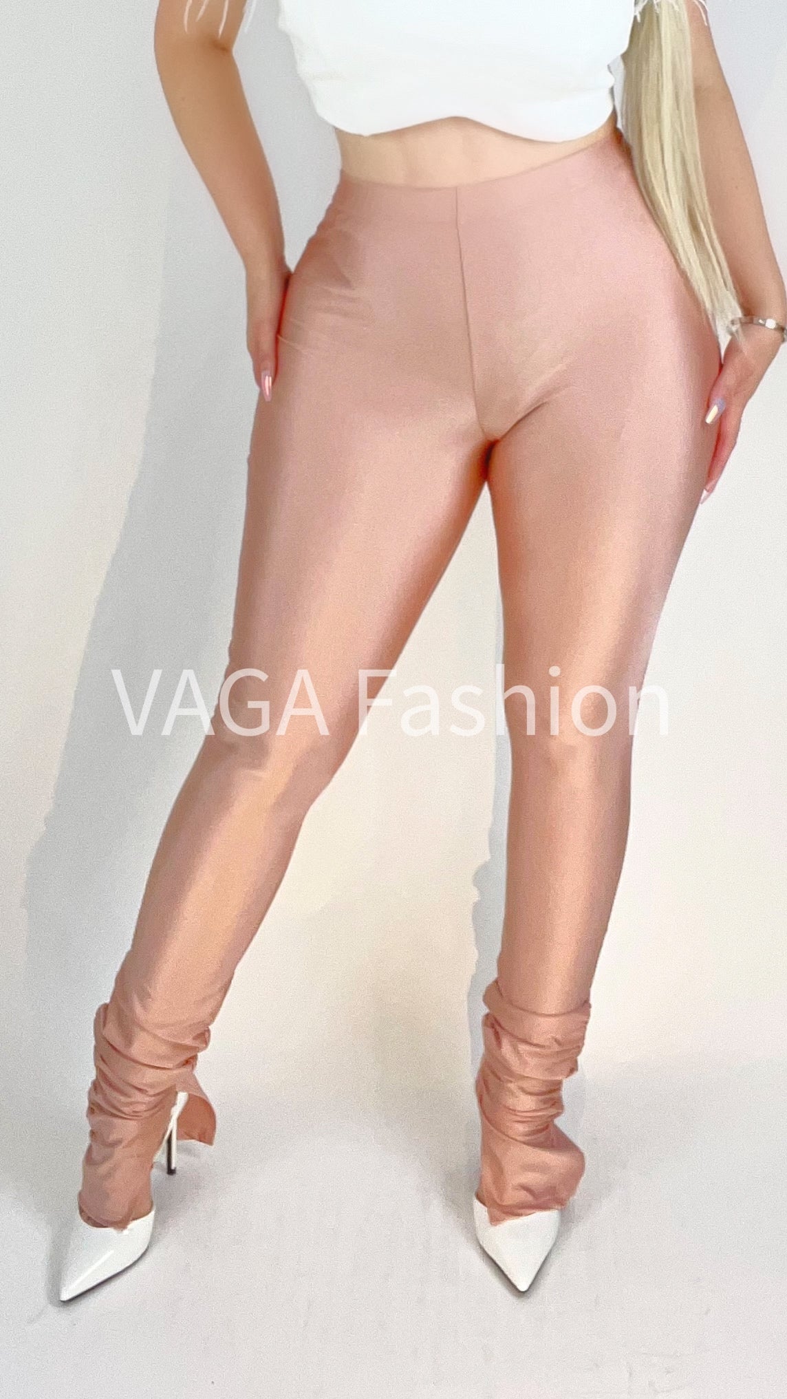 High Waisted Shiny Ankle Runched Leggings - Ash Rose*